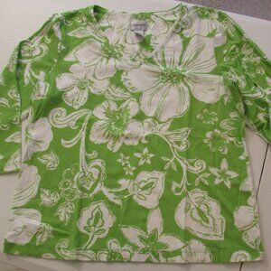 Chicos Cotton Green/White Floral 3/4 Sleeve Top Large